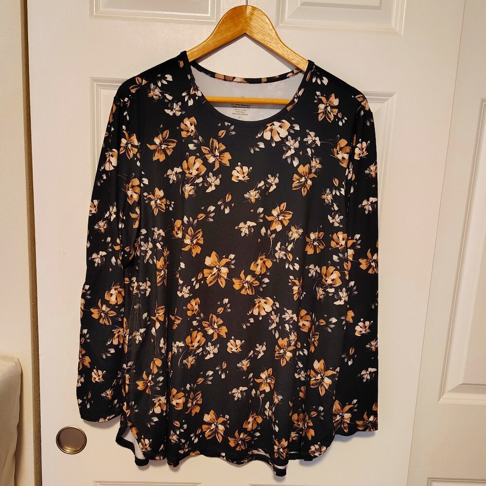 J. Jill Fit Performance Long-sleeve Tee Black floral print size XL